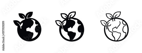 Ecology Icon Set of Earth Globe with Growing Plant Sprouts