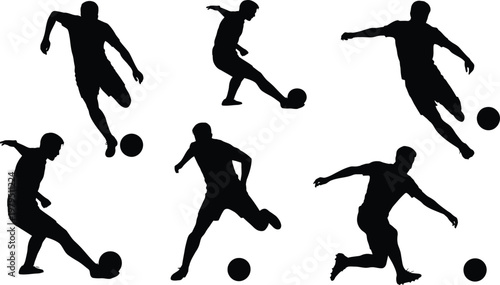 Six black silhouettes of soccer players kicking a ball