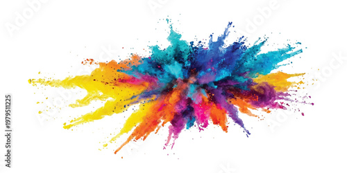 Vibrant explosion of multicolored powder particles scattering outward against a clean white background featuring yellow orange pink blue and turquoise pigments in a dynamic radial burst pattern