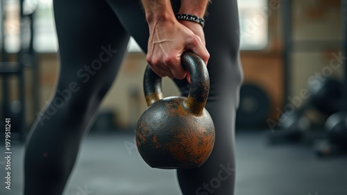 muscular woman holding old rusty kettlebell on gym floor focus on weight strength training concept