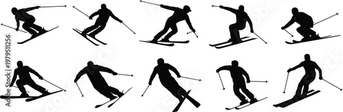 Ten black silhouette skiers in various dynamic poses 