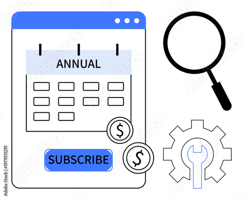Annual subscription concept. Annual payment options highlighted on a calendar layout with a subscribe button, magnifying glass, and gear. Annual subscription for business, SaaS, e-commerce, tools