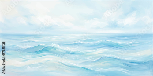 Oil painting of a calm blue ocean with gentle rolling waves under a soft cloudy sky featuring light azure and white brushstrokes across a wide horizontal canvas