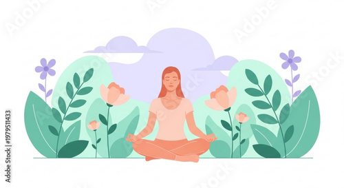 Woman meditates in serene garden with flowers and green leaves peaceful atmosphere for relaxation and mindfulness