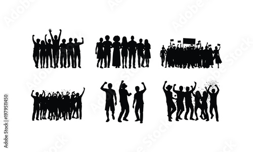 Silhouettes of diverse groups celebrating and demonstrating unity in various ways