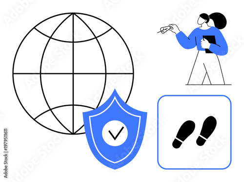 Digital security, global connectivity, mobility, authentication, data protection, identity. Globe, shield with checkmark footprints and person writing. Digital security and global connectivity