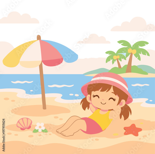 Cute Little Girl Playing on Beach Cartoon Illustration