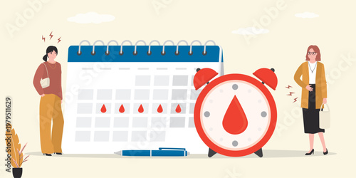 Headache and lower abdominal pain during menstrual cycle. Young women with painful periods. Menstrual cycle calendar. Alarm clock with blood blob.