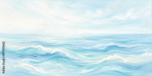 Oil painting of rolling ocean waves under a soft pale blue sky with visible brushstrokes and light blue and white color palette