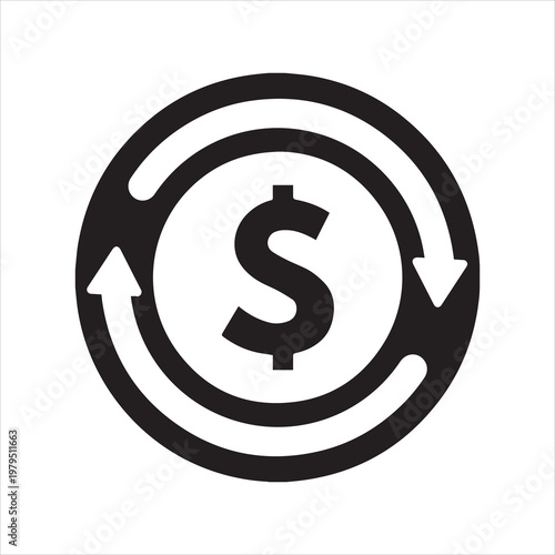 Black and white icon of the dollar symbol surrounded by two arrows forming a circle and representing money turnover