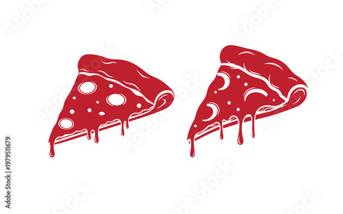 Red pizza slices with melted cheese, two slices on white background
