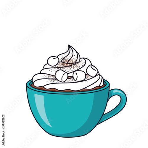 Cup filled with hot chocolate topped with whipped cream and mini marshmallows sits ready for a cozy winter treat that offers plenty of room for creative text overlays.