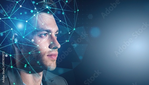 Mindscape: A striking portrait of a man, integrated with a digital network, symbolizing the intricate connections and boundless potential of human intelligence. 