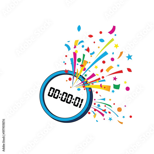 A stopwatch displaying one second remains surrounded by colorful festive confetti and celebration streamers to represent a final countdown or a very urgent time management.