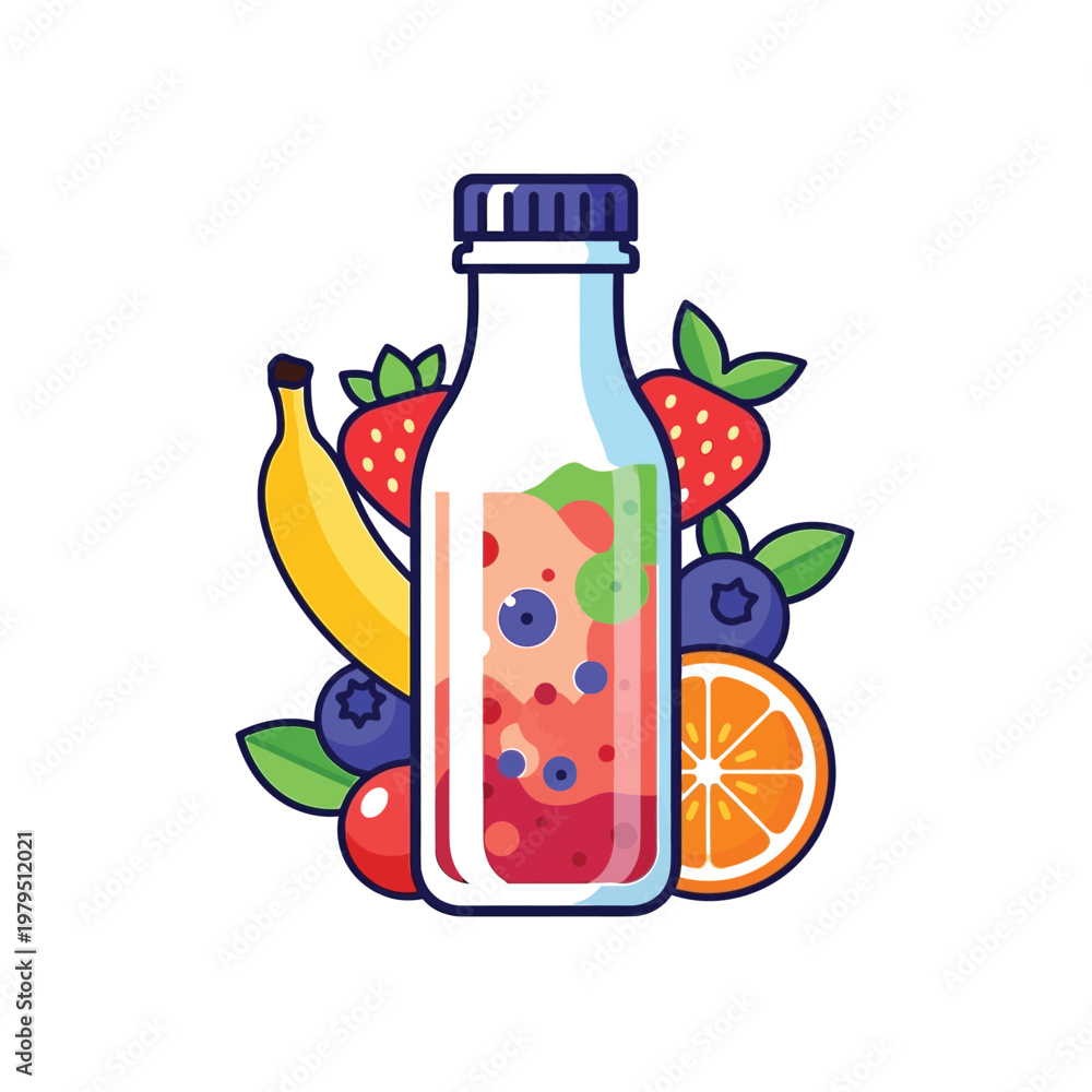 Obraz premium A bottle filled with fresh mixed fruit juice stands surrounded by organic strawberries and bananas as a healthy drink option for people looking to improve their daily.