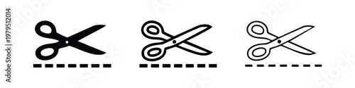 Scissors cutting dashed line icon variations: solid, outlined, and sketched