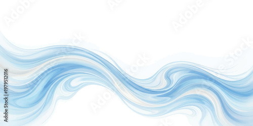Abstract flowing wave background with soft blue and white liquid paint swirls in a horizontal composition