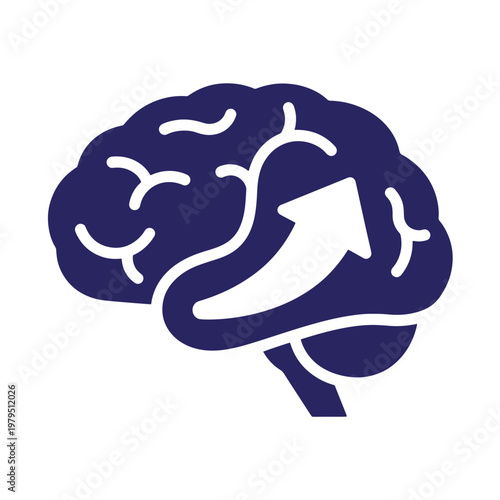 Dark blue brain with white arrow, symbolizing growth or progress