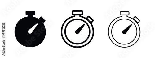 Stopwatch icons in solid, outline with dial, and outline styles for time measurement