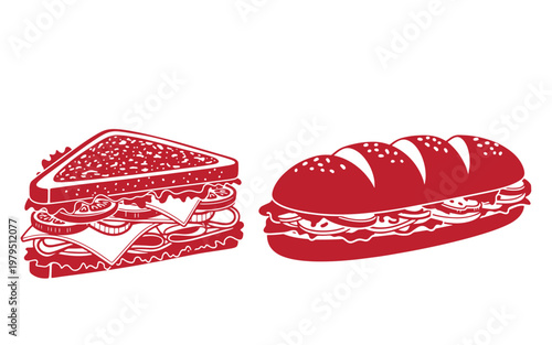 Red sandwich and sub on white background, triangle sandwich