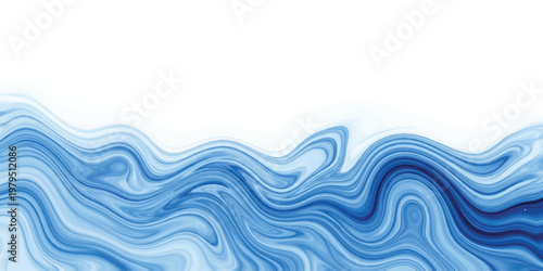 Abstract background with flowing blue liquid waves and swirls on a white backdrop featuring gradient shades of azure and navy blue in a fluid marble texture pattern