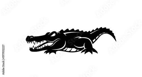 Silhouette of a fierce alligator with open jaws and sharp teeth, isolated on white background