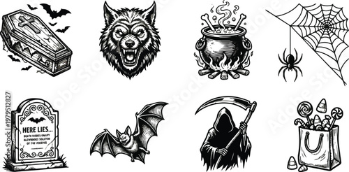 Halloween 2026, Vintage black and white Halloween icon set featuring engraved style illustrations of a coffin, werewolf, cauldron, reaper, and tombstone