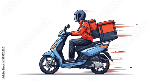 Fast food delivery courier riding blue scooter with thermal backpack, express shipping service on motorbike vector, professional delivery man on moped