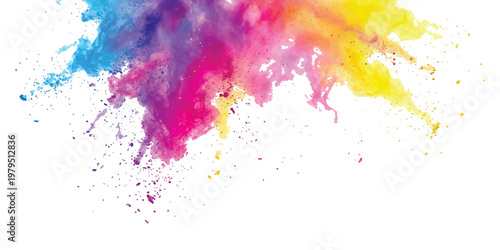 Vibrant explosion of multicolored powder paint in shades of blue magenta and yellow scattering against a plain white background with fine particles and liquid like splashes
