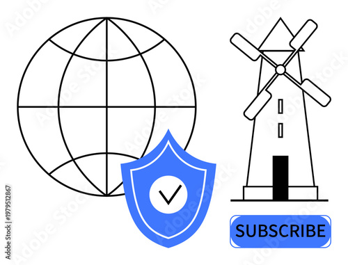 Global networking, internet security, renewable energy, subscription services, protection, digital access. Globe, shield with check mark windmill and subscribe button. Internet security and digital