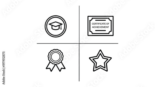 Achieve and Recognition Icons: A collection of simple, elegant icons representing achievement, education, and recognition. perfect for illustrating concepts of success and accomplishment.