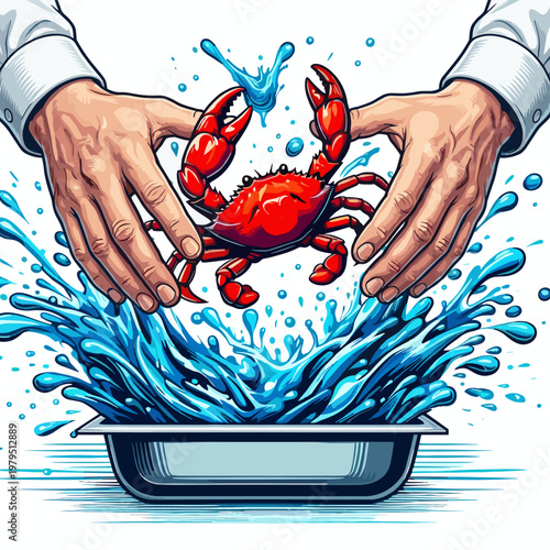 Hands holding a live crab over a colander under running water, splashing energetically, illustrating the lively process of cleaning seafood in the kitchen.