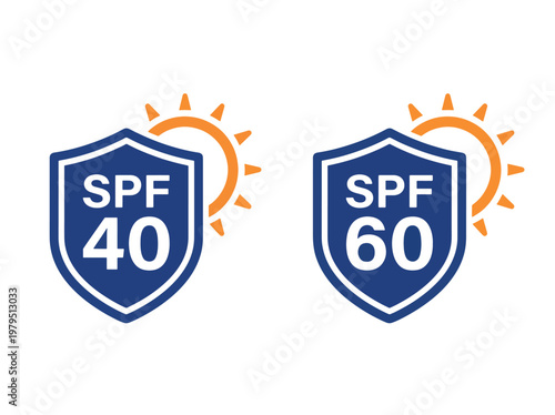 Spf 40 and spf 60 sunscreen shields with sun icons, uv protection
