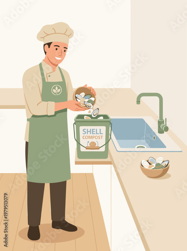 A smiling chef composting shellfish shells into a dedicated compost bin, promoting eco-friendly and sustainable kitchen practices while preparing seafood.