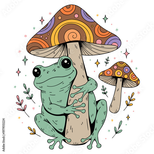 A red amanita toadstool fungus with a spotted cap grows in the green forest grass as a magical autumn nature illustration isolated on a white background.