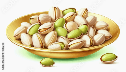 Colorful pistachio nuts in a golden plate, clean vector style, green and golden shells, isolated on white background   