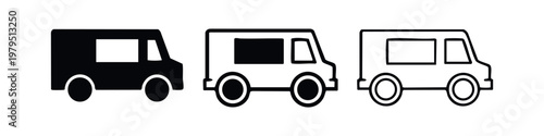 Three van icons in black, outline, and detailed styles.