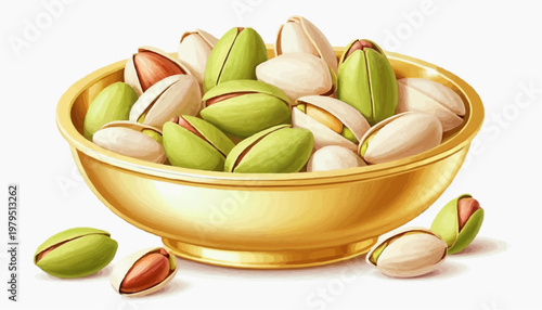 Colorful pistachio nuts in a golden plate, clean vector style, green and golden shells, isolated on white background   
