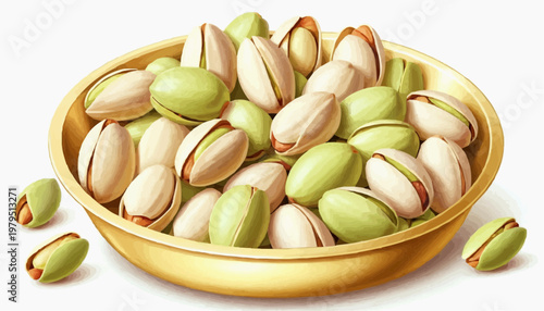 Colorful pistachio nuts in a golden plate, clean vector style, green and golden shells, isolated on white background   