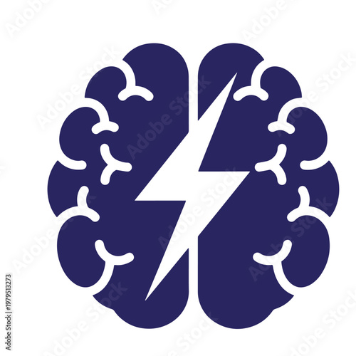 Dark blue brain with white lightning bolt and synapses