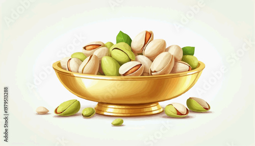Colorful pistachio nuts in a golden plate, clean vector style, green and golden shells, isolated on white background   