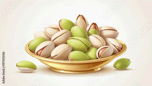 Colorful pistachio nuts in a golden plate, clean vector style, green and golden shells, isolated on white background   