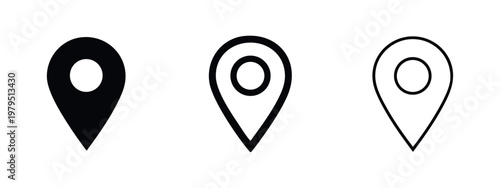 Three location pin icons in black, outline, and detailed styles.