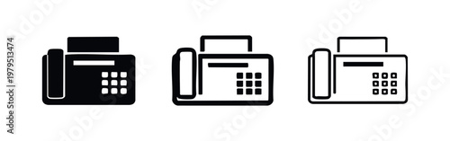 Three fax machine icons in black, outline, and detailed styles.