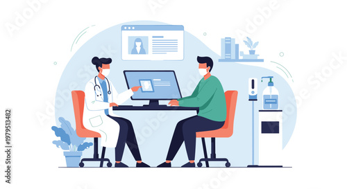 Female doctor in a face mask consulting with a male patient at a desk using a computer for telemedicine and digital health concepts.