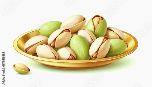 Colorful pistachio nuts in a golden plate, clean vector style, green and golden shells, isolated on white background   