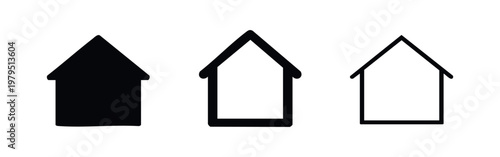 Collection of three house icons: solid black, outlined black, and line art