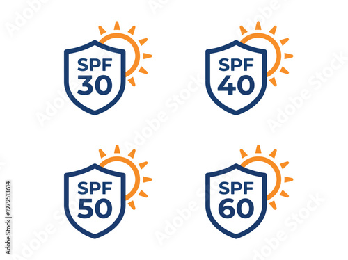 Set of spf 30 60 sunscreen protection icons with sun, skin care