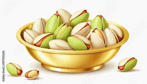 Colorful pistachio nuts in a golden plate, clean vector style, green and golden shells, isolated on white background.  