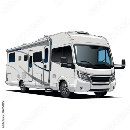 Vintage red London coach bus and retro white travel van vehicle isolated on white background illustration.